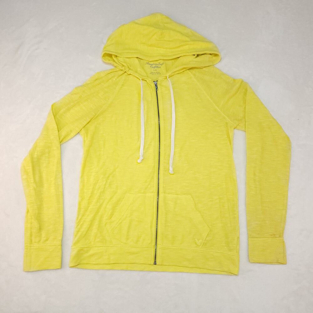 Vintage Y2k Neon Yellow Sweater Womens Large Hoodie Full Zip Lightweight Pockets